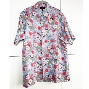 Club Room Luxury 100% Linen Button Front Shirt Floral Blue Red Size Large Mens